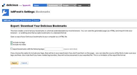 Page d'export sur delicious.com